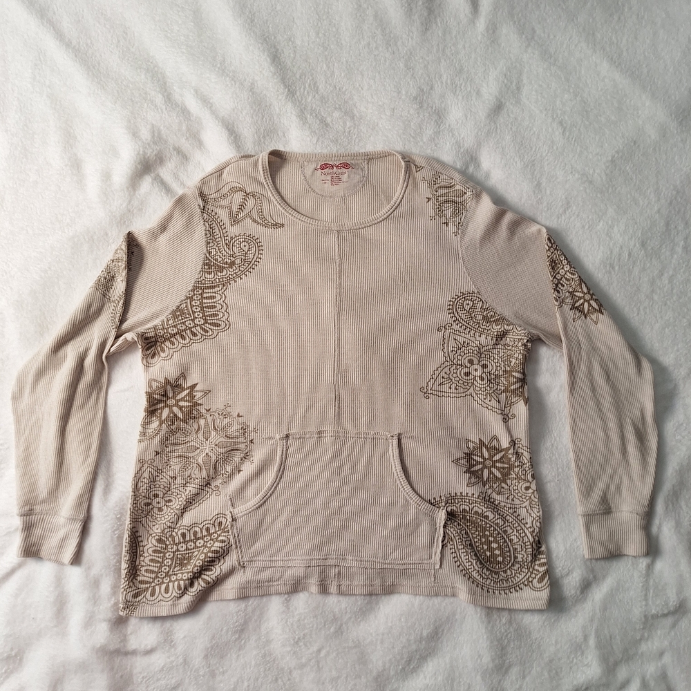 NorthCrest Women’s 1X Beige Thermal Long Sleeve Top Paisley Floral Print
